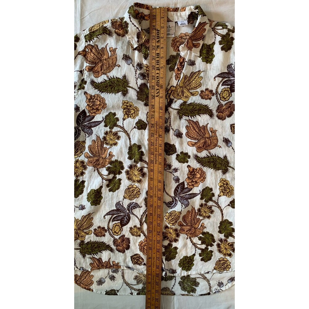 Nicole Miller European Flax Linen Shirt XL Earthy Floral Bird Button-up Roll-tab - Picture 6 of 14